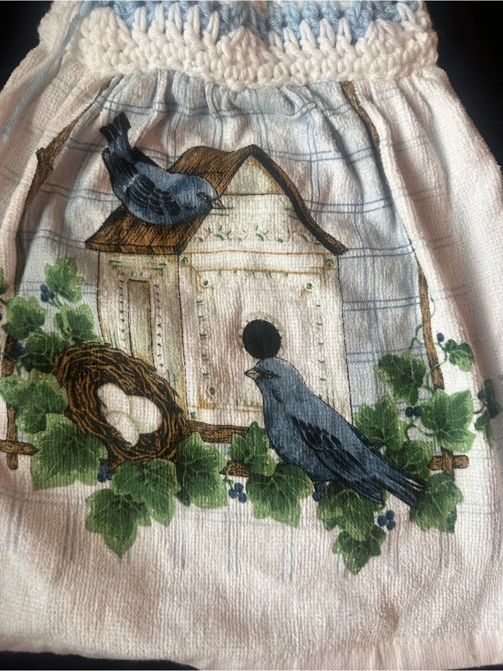 Handmade Blue & White Hanging Bird Tea Towel with Birdhouse Design